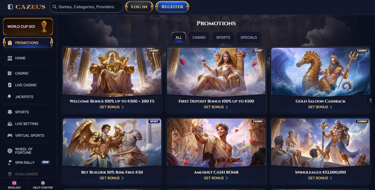 Μπόνους και προσφορές στο Cazeus Casino